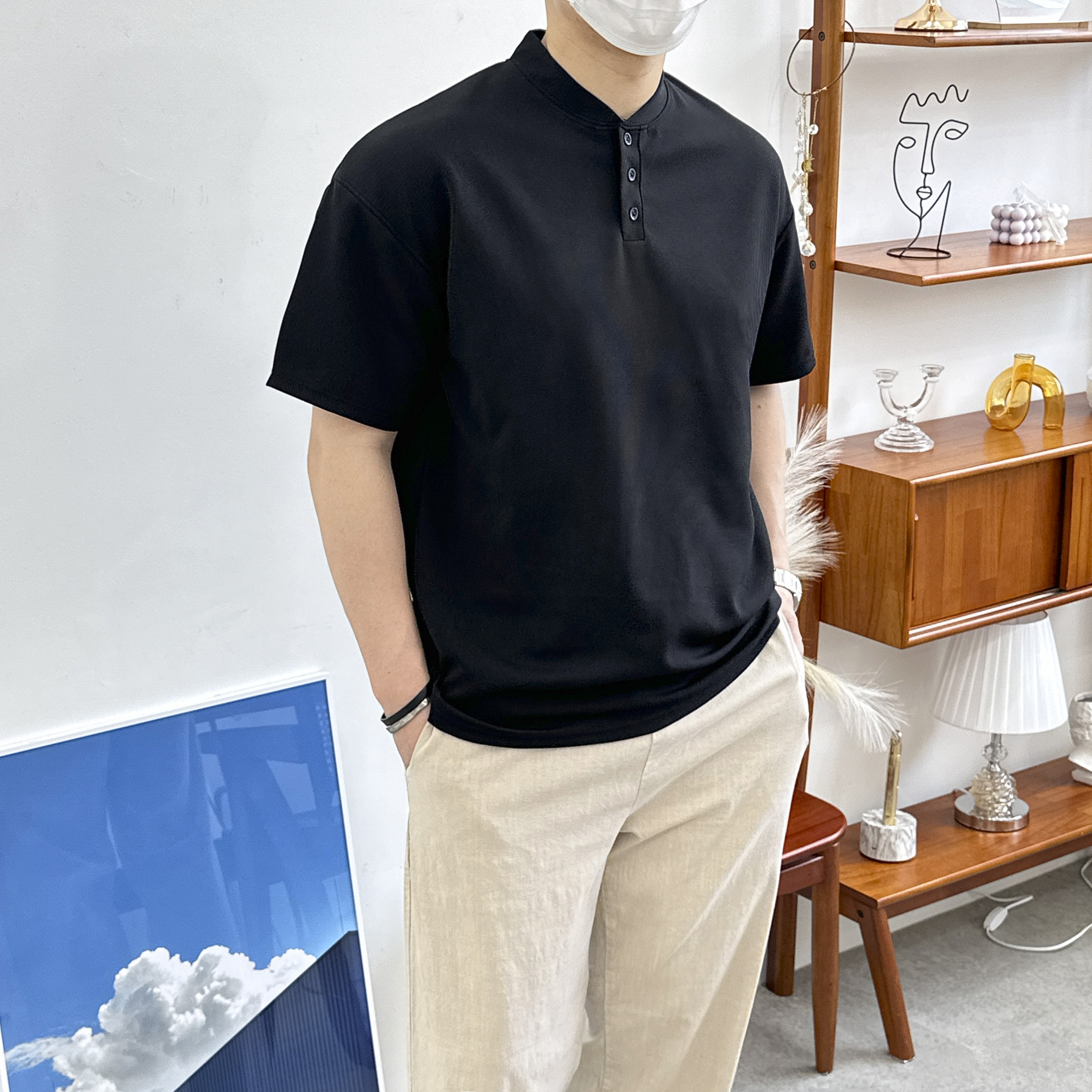 남자 심플 베이직 헨리넥 단추 반팔티셔츠 4color - 상세 이미지 3