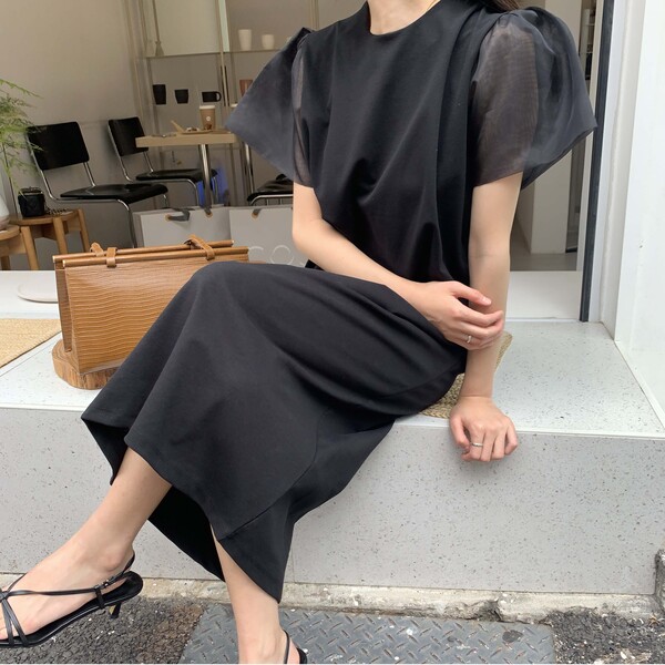 분또 엔젤 소매 오간자 고급 라운드넥 반팔 시스루 하객룩 루즈핏 샤 퍼프 여름 롱원피스