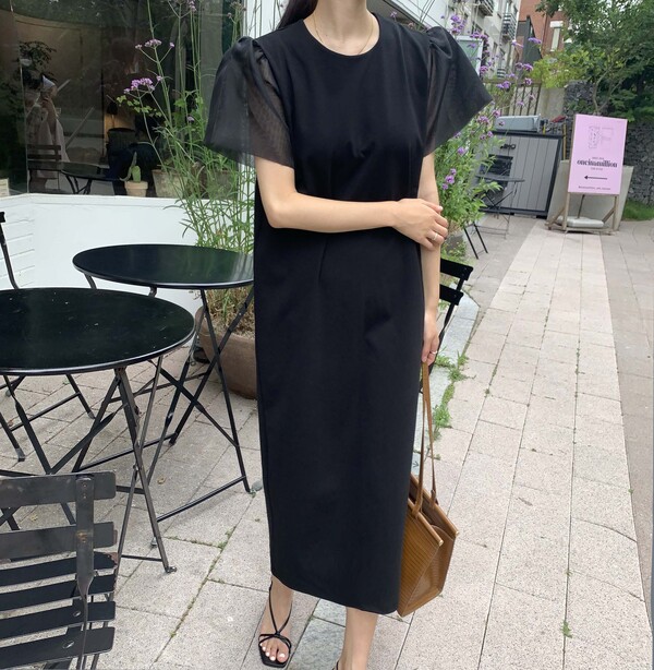 분또 엔젤 소매 오간자 고급 라운드넥 반팔 시스루 하객룩 루즈핏 샤 퍼프 여름 롱원피스 - 상세 이미지 4