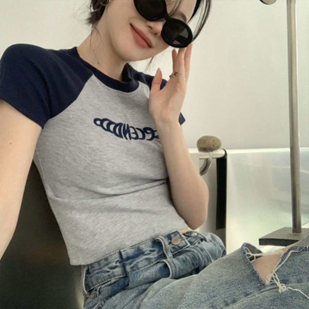 여자 티셔츠 반팔 여름 티 여성 나그랑 크롭 짧은 데일리 10대 캐쥬얼 기본 라운드넥 - 상품 이미지