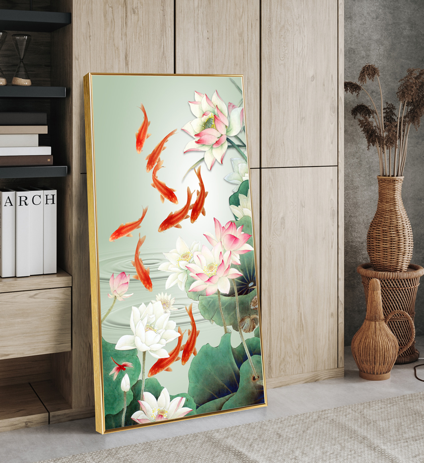 복들어오는 잉어 연꽃 그림 인테리어액자 물고기 풍수 C 붉은 구어도 와이드 80x40cm - 상세 이미지 3