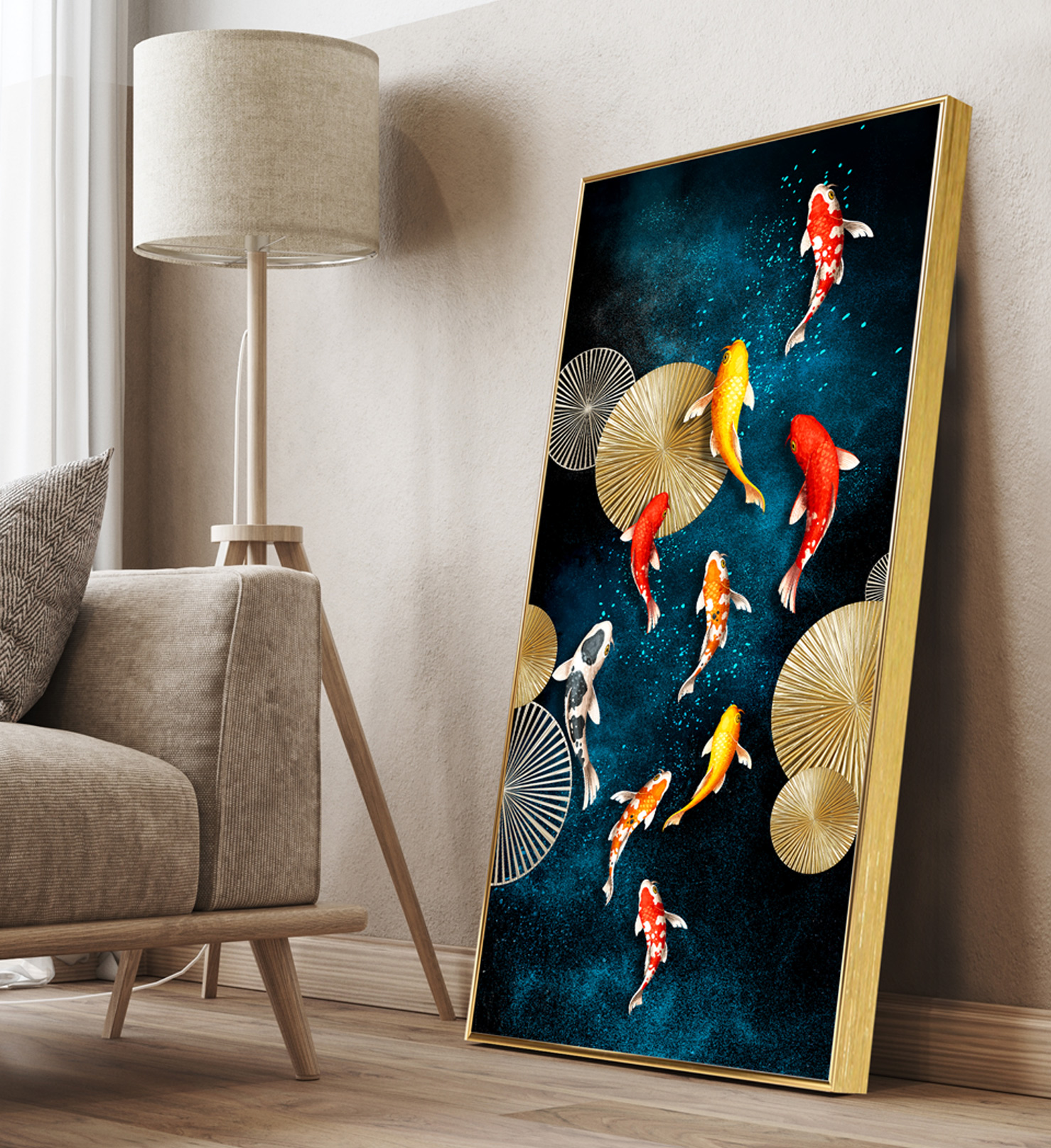 잉어그림 비단 황금 거실 풍수 인테리어 연꽃 그림 A 풍년 구어도 와이드 80x40cm - 상세 이미지 3