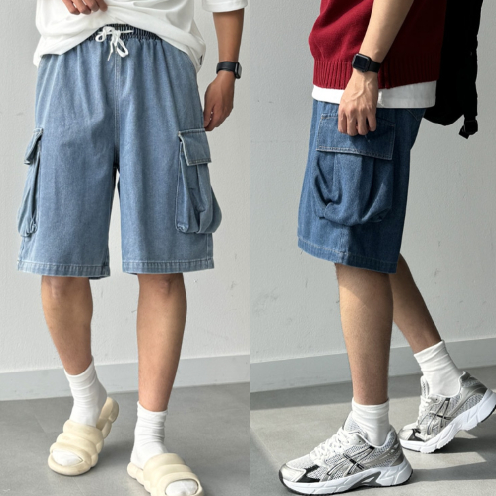 남자 아레 여름 5부 밴딩 와이드 카고 쇼츠 데님 청 반바지