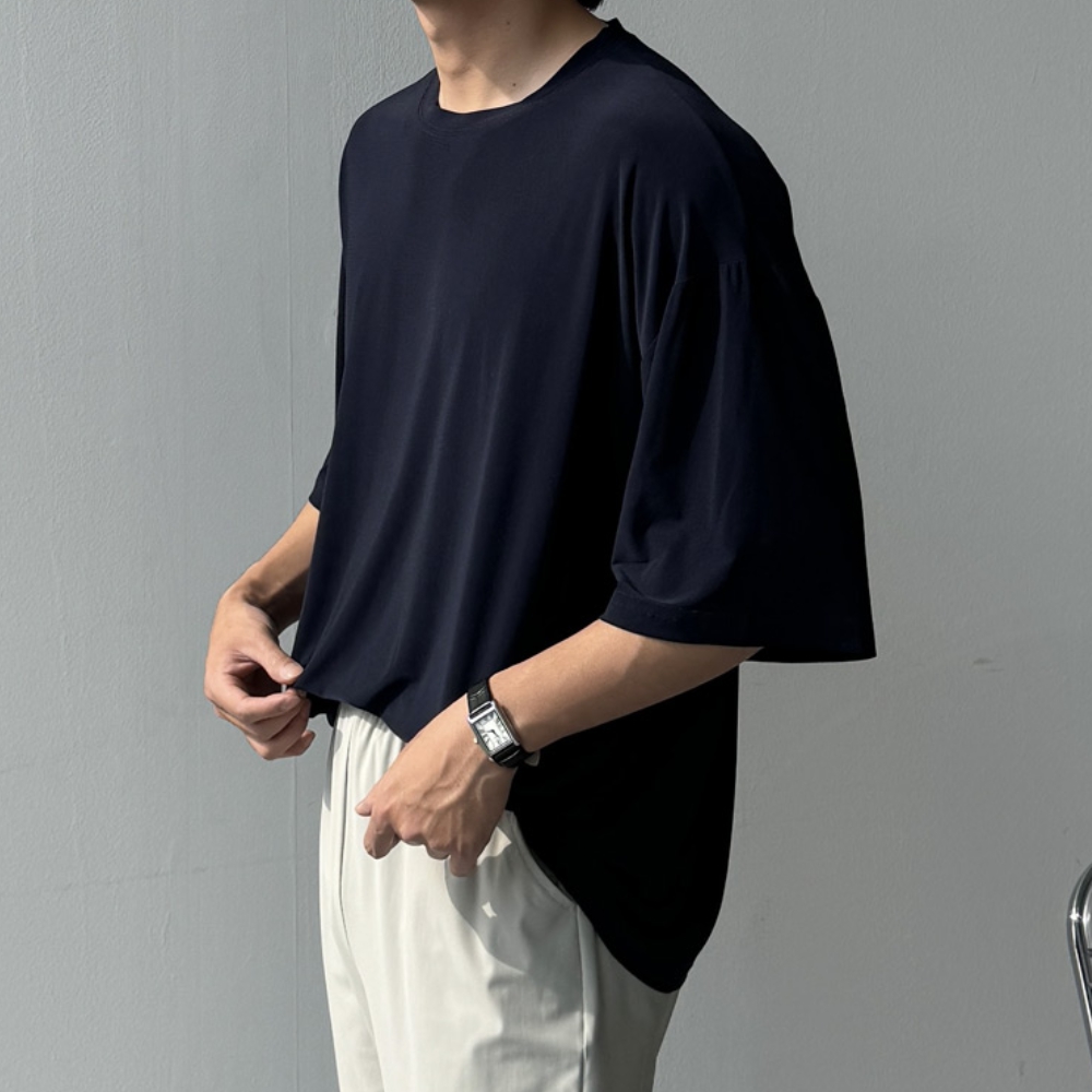 1+1 남자 리어 오버핏 여름 아이스 쿨링 스판 무지 반팔티 - 상세 이미지 5