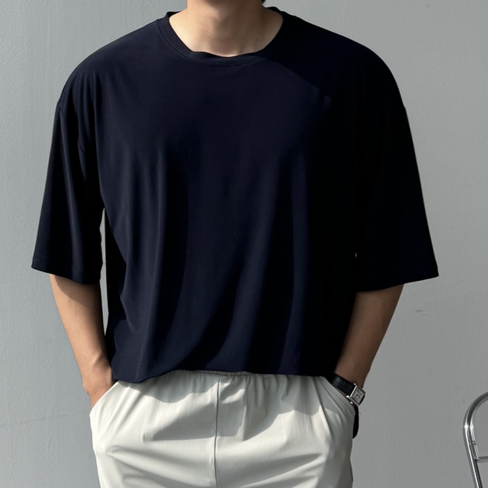 1+1 남자 리어 오버핏 여름 아이스 쿨링 스판 무지 반팔티 - 상세 이미지 2
