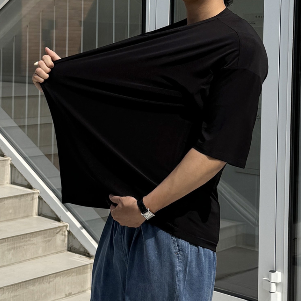 1+1 남자 리어 오버핏 여름 아이스 쿨링 스판 무지 반팔티