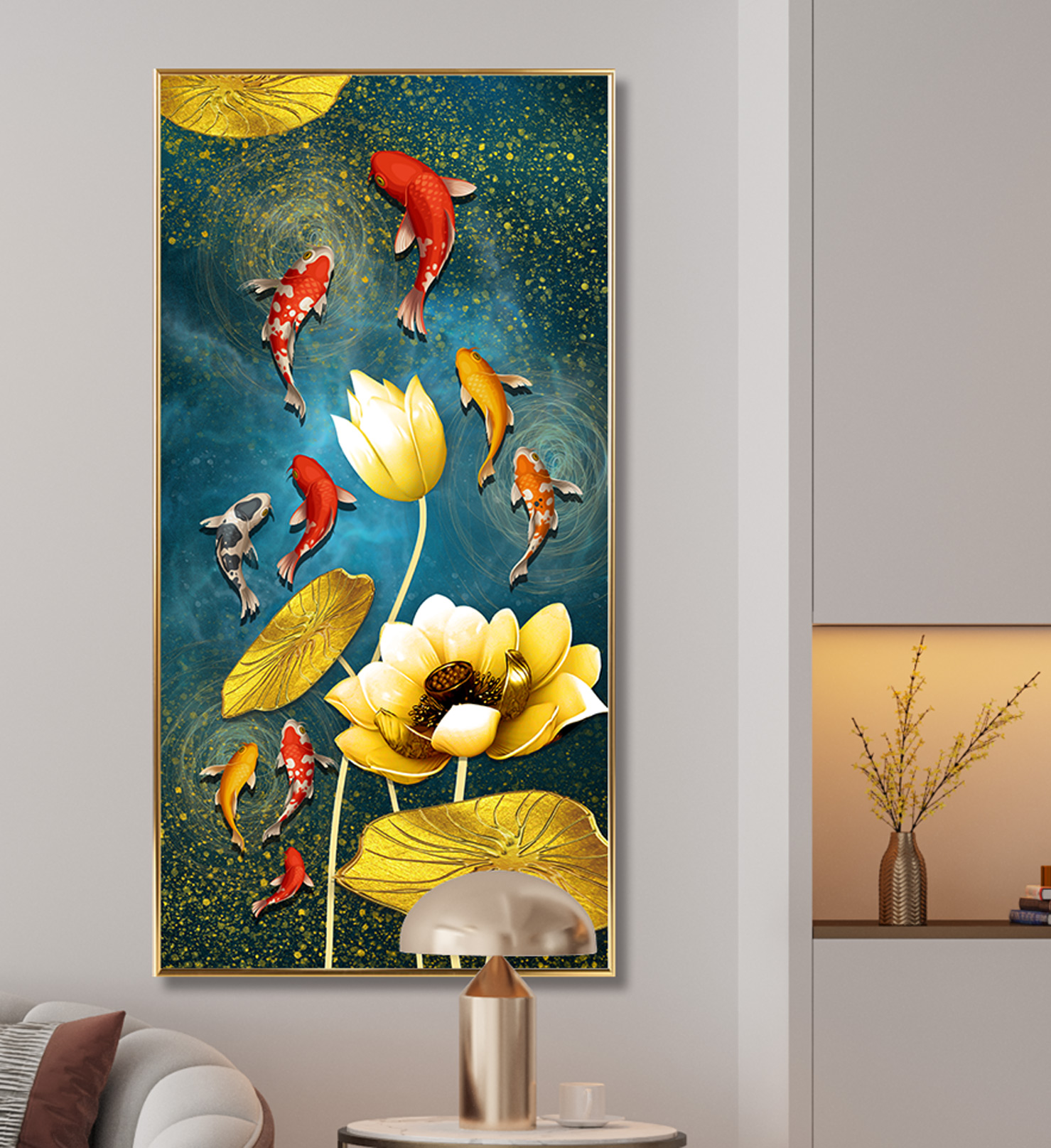 풍수 돈들어오는 거실 액자 인테리어 연꽃 잉어 그림 E 부의 구어도 와이드 80x40cm - 상세 이미지 3