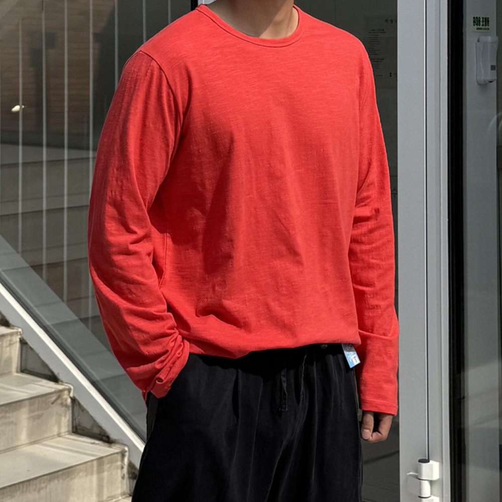 1+1 남자 플랑 봄 여름 슬라브 무지 박스 긴팔티 이미지 3