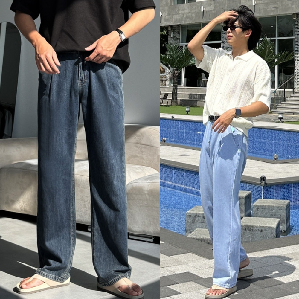 남자 드매 3단기장 여름 아이스 쿨링 원핀턱 와이드 데님