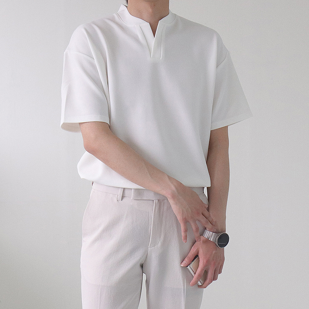 남자 반팔티 구김없는 오버핏 무지 헨리넥 반팔 티셔츠 - 상품 이미지