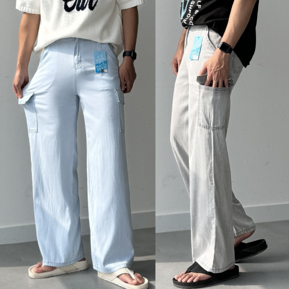 남자 렐워 3단기장 여름 아이스 쿨링 텐셀 와이드 카고 데님