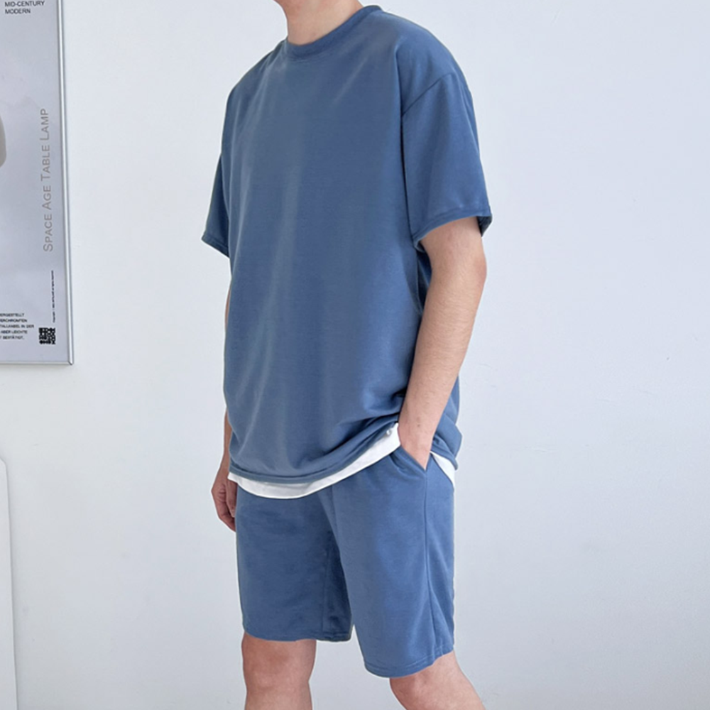 잠옷티 남자 성인실내복 라운지웨어 오버핏 무지 반팔 티셔츠 - 상세 이미지 3