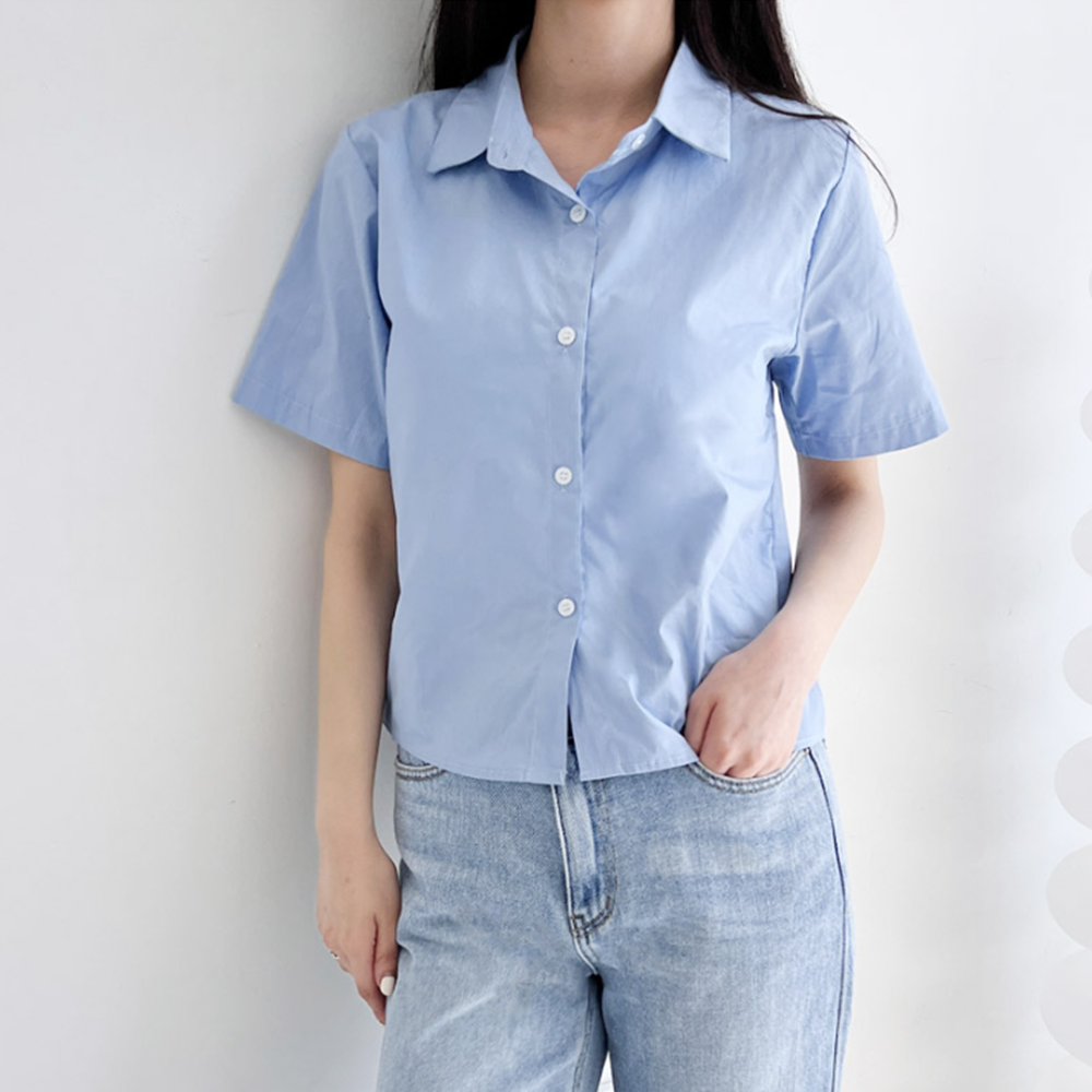 하늘색남방 소라색 여성 여름 짧은 크롭 숏 반팔 카라셔츠 이미지 8