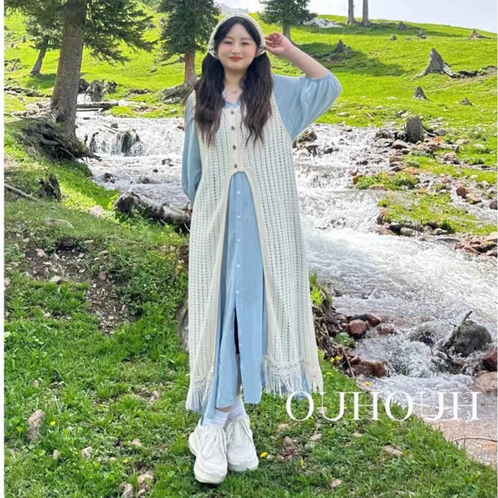 빅사이즈 셔츠 롱원피스 니트 조끼 스커트 레이어드 세트 루즈핏 - 상세 이미지 4