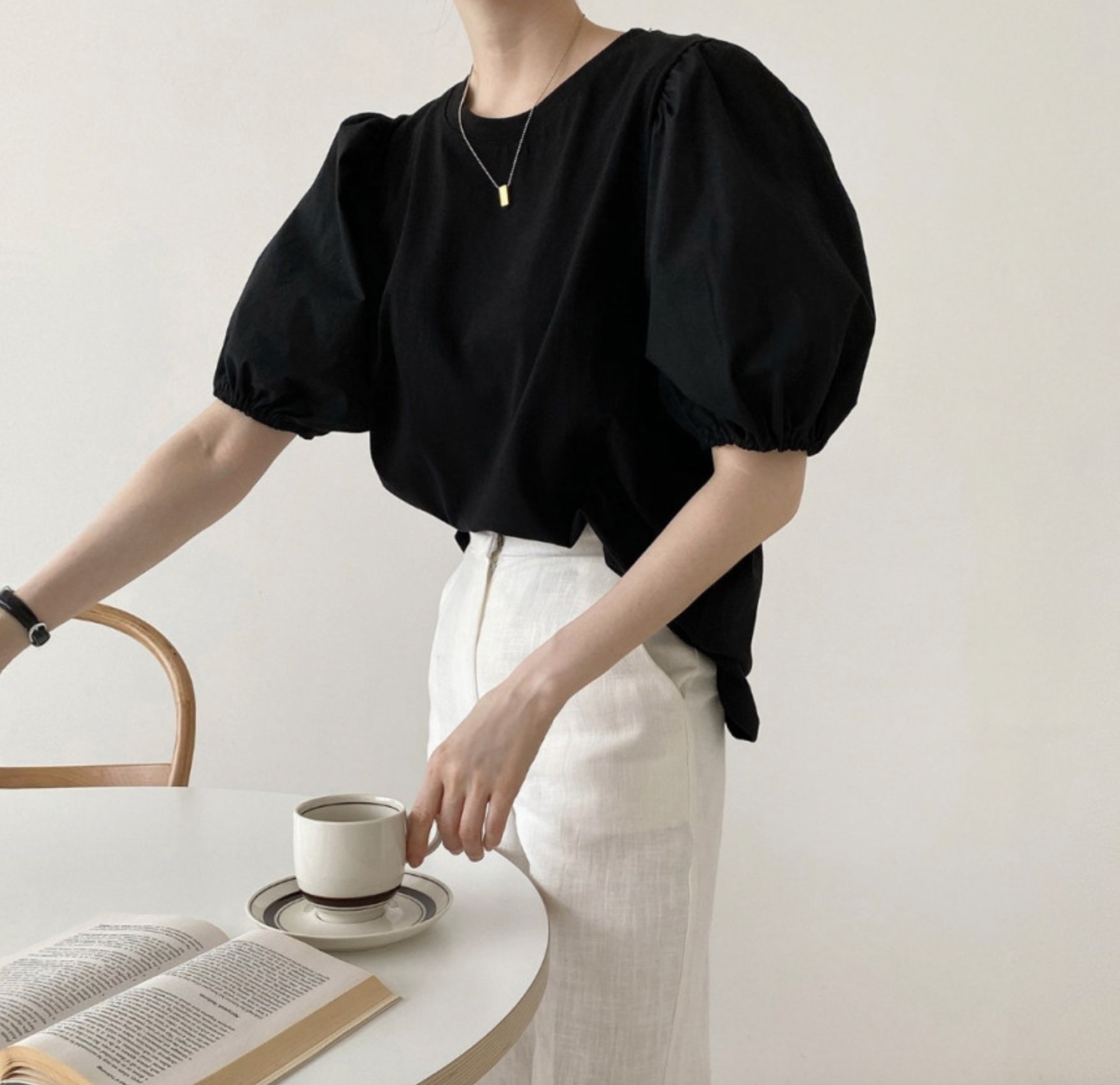 밴딩 퍼프소매 빅사이즈 오버핏 여름 반팔 티셔츠 - 상품 이미지