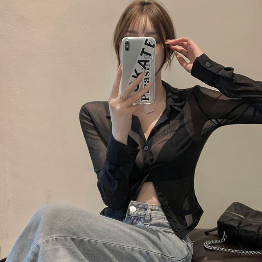 [2color]시스루 슬림 스판 크롭셔츠 블랙 이미지 4