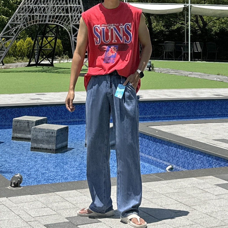 남자 드매 3단기장 여름 아이스 쿨링 원핀턱 와이드 데님 이미지 3