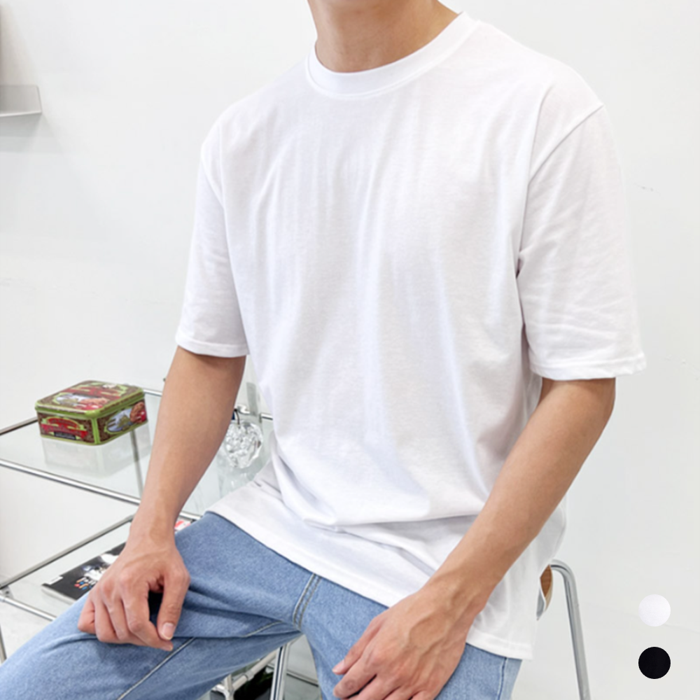 흰색무지티 남자 레이어드 기본 옆트임 언발 면 반팔 티셔츠 - 상품 이미지