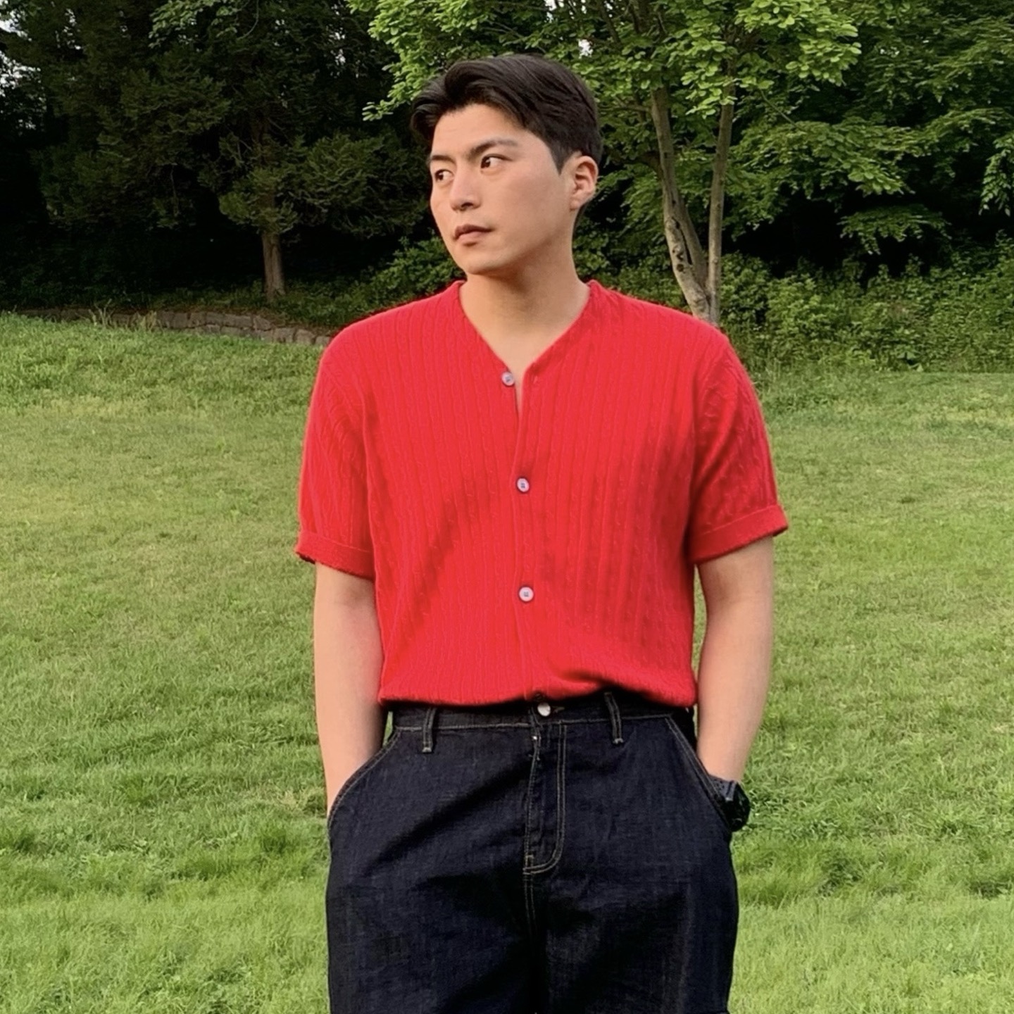 남자여름가디건 Y넥 반팔가디건 케이블 린넨가디건 - 상품 이미지