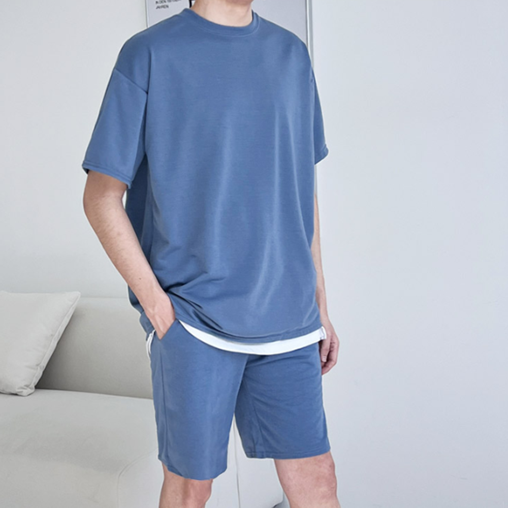 잠옷티 남자 성인실내복 라운지웨어 오버핏 무지 반팔 티셔츠 - 상세 이미지 4