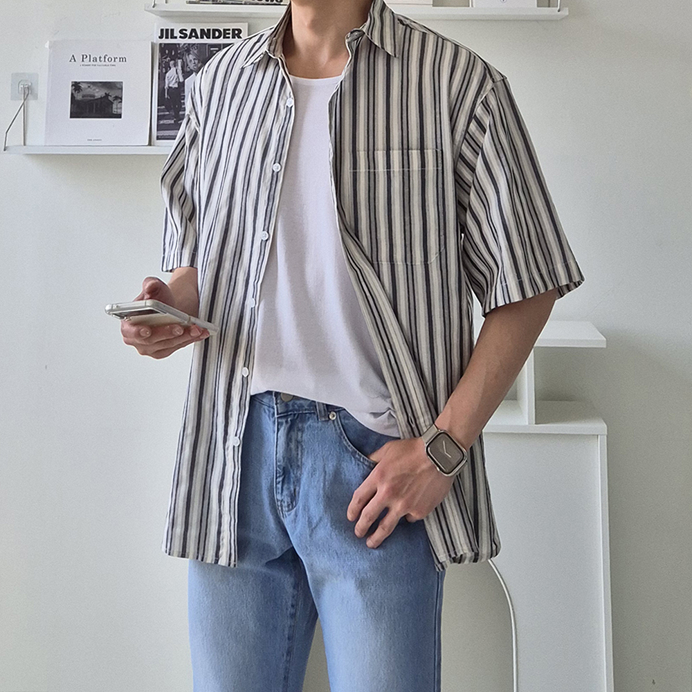 남자 셔츠 오버핏 여름 남방 스트라이프 반팔 셔츠