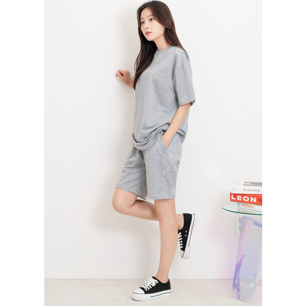 성인실내복 여성 무지 여름 홈웨어 오버핏 라운드넥 반팔티 - 상세 이미지 5