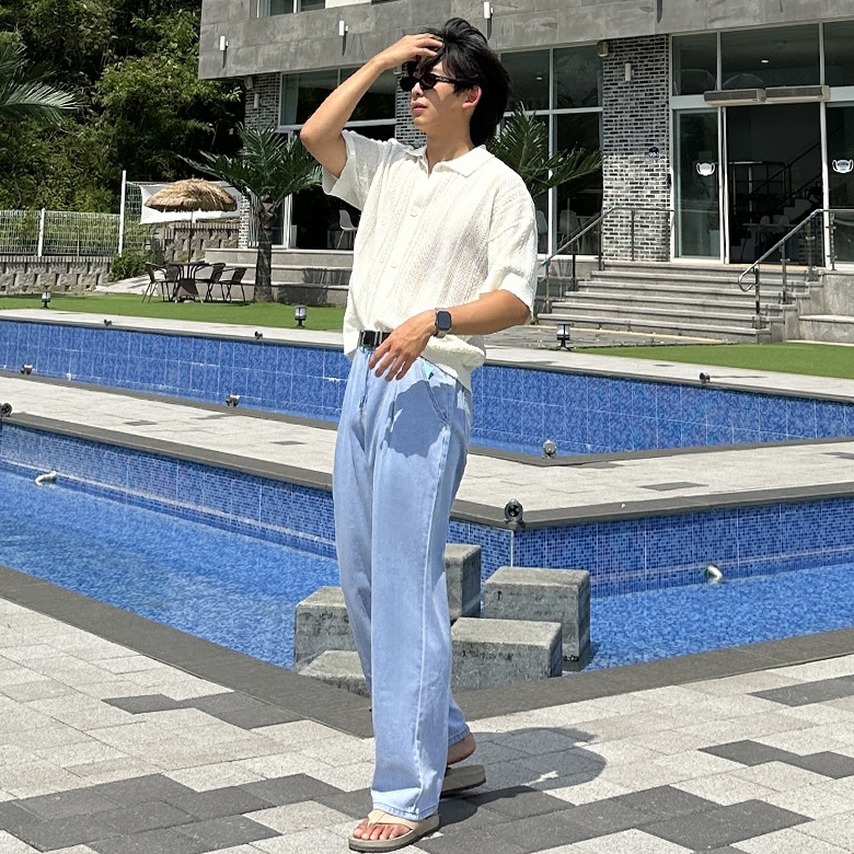 남자 드매 3단기장 여름 아이스 쿨링 원핀턱 와이드 데님 이미지 2