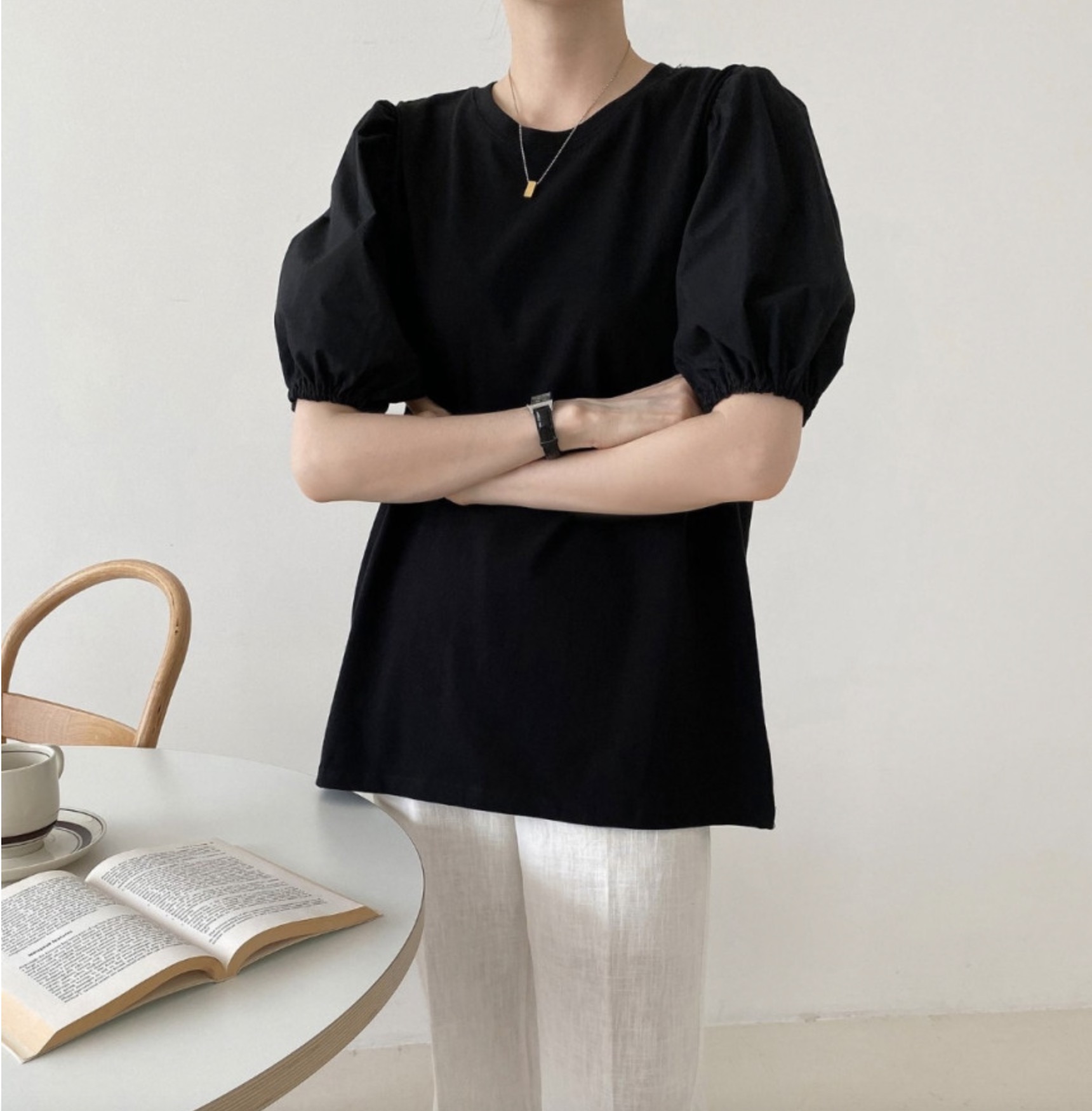 밴딩 퍼프소매 빅사이즈 오버핏 여름 반팔 티셔츠 - 상세 이미지 4