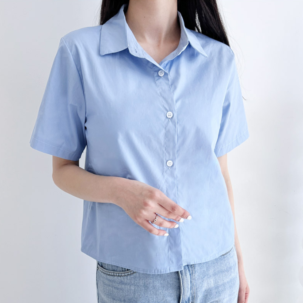 하늘색남방 소라색 여성 여름 짧은 크롭 숏 반팔 카라셔츠 - 상세 이미지 2