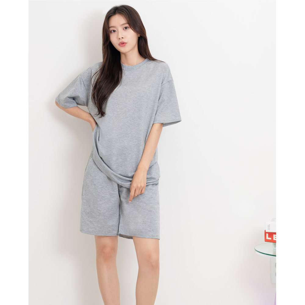 성인실내복 여성 무지 여름 홈웨어 오버핏 라운드넥 반팔티 - 상세 이미지 4