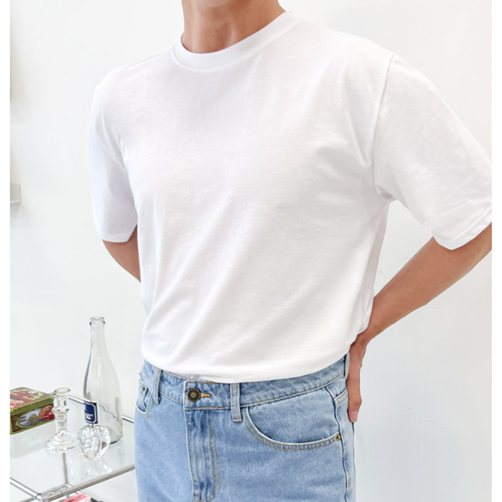 흰색무지티 남자 레이어드 기본 옆트임 언발 면 반팔 티셔츠 - 상세 이미지 5