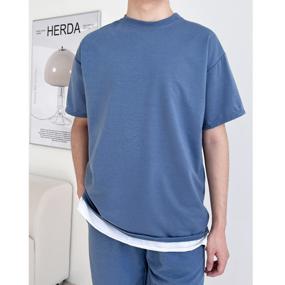 잠옷티 남자 성인실내복 라운지웨어 오버핏 무지 반팔 티셔츠 - 상세 이미지 5