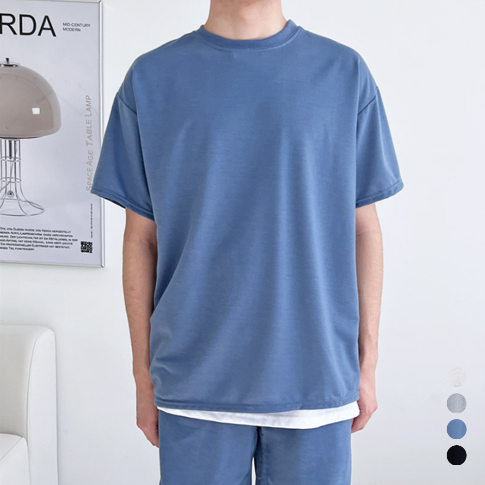 잠옷티 남자 성인실내복 라운지웨어 오버핏 무지 반팔 티셔츠 - 상품 이미지