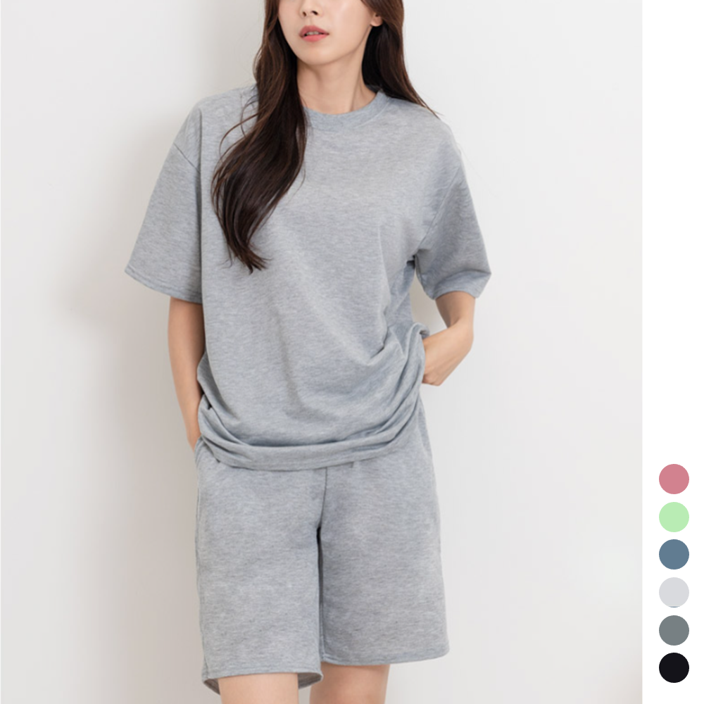 성인실내복 여성 무지 여름 홈웨어 오버핏 라운드넥 반팔티 - 상품 이미지