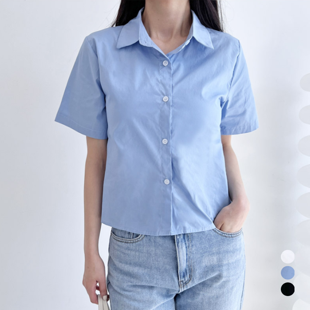 하늘색남방 소라색 여성 여름 짧은 크롭 숏 반팔 카라셔츠 - 메인 이미지