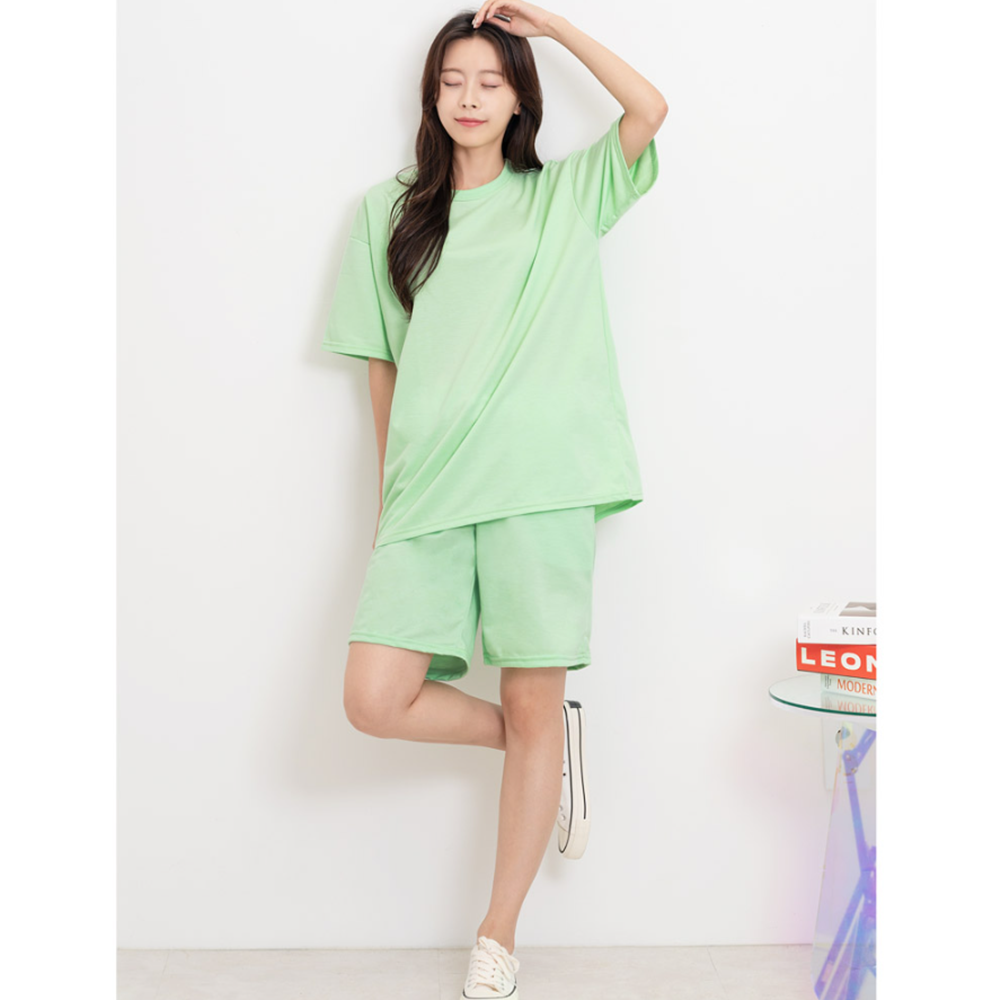 성인실내복 여성 무지 여름 홈웨어 오버핏 라운드넥 반팔티 - 상세 이미지 3