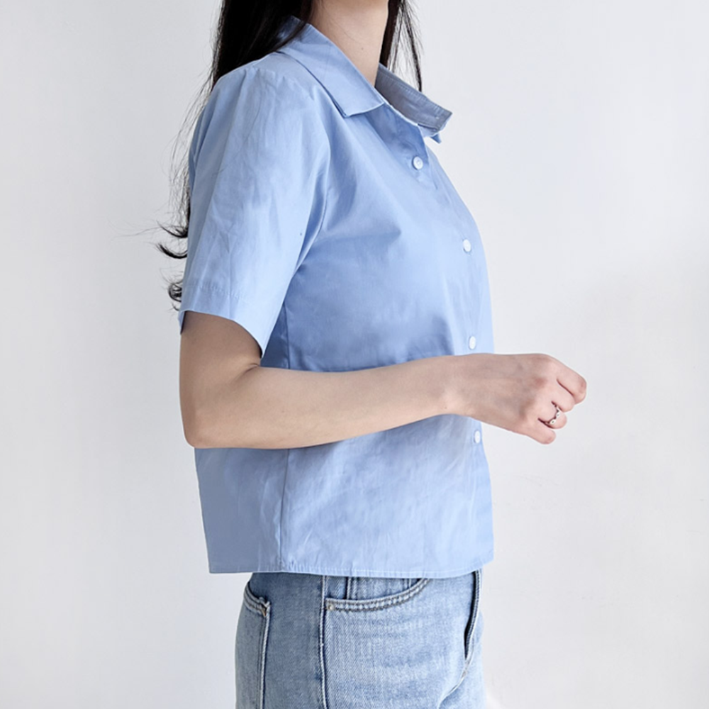 하늘색남방 소라색 여성 여름 짧은 크롭 숏 반팔 카라셔츠 - 상세 이미지 3
