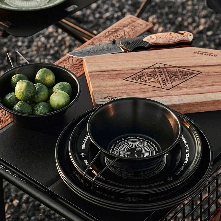 대륙의 테팔 캠핑 식기 기하학 디자인 스텐 블랙 접시 세트 ETP