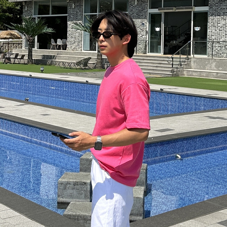 1+1 남자 씨릴 여름 특양면 무지 라운드 반팔티 - 상품 이미지