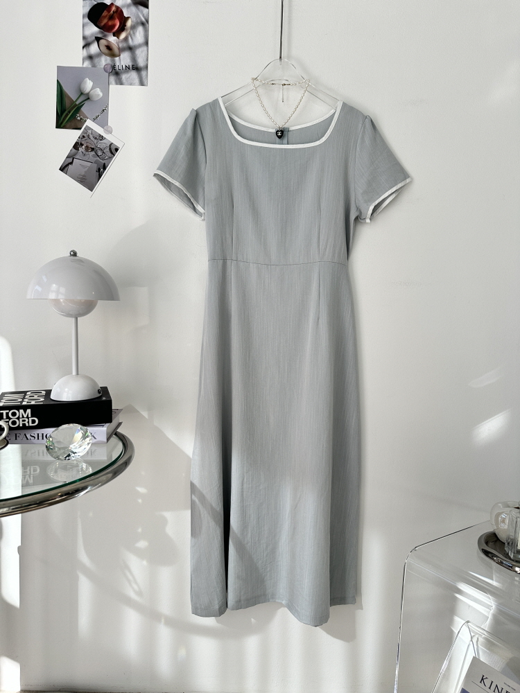 스판 린넨 스퀘어넥 랍빠 배색 스트링 롱 원피스 - 상품 이미지