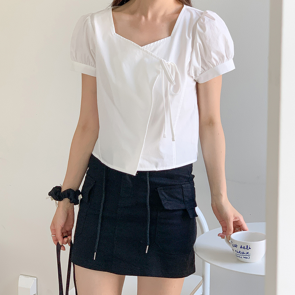 귀여운 스퀘어넥 바스락 여름블라우스 숏 벌룬 퍼프소매 크롭 랩 블라우스 여자 반팔블라우스 이미지 2