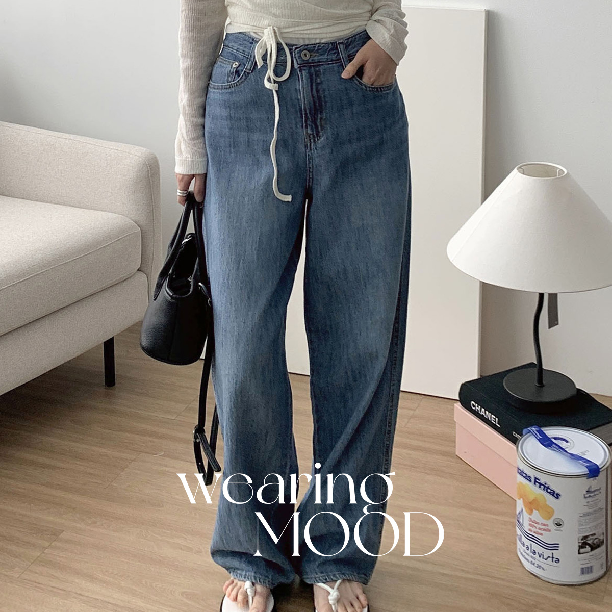 [L당일] 썸머 러프 데님 후들 하이웨스트 일자 와이드 여성 여름 얇은 청바지 (중청)