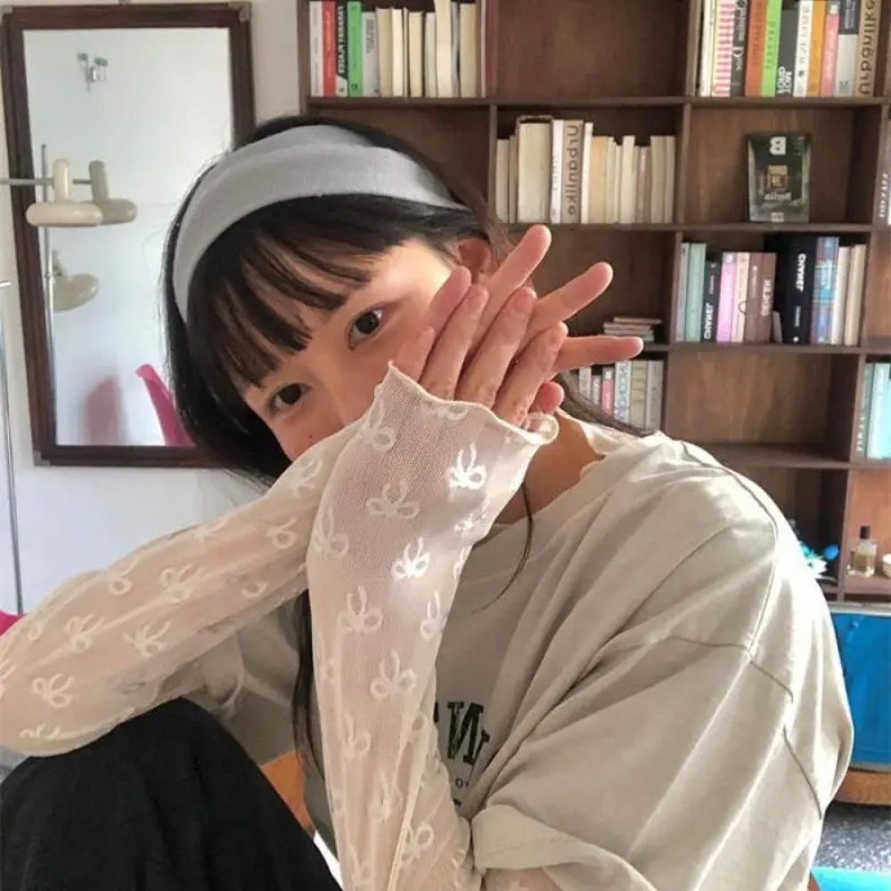 리본 시스루 망사 크롭탑 롱슬리브 페어리코어 티셔츠 화이트 블랙 - 상세 이미지 2