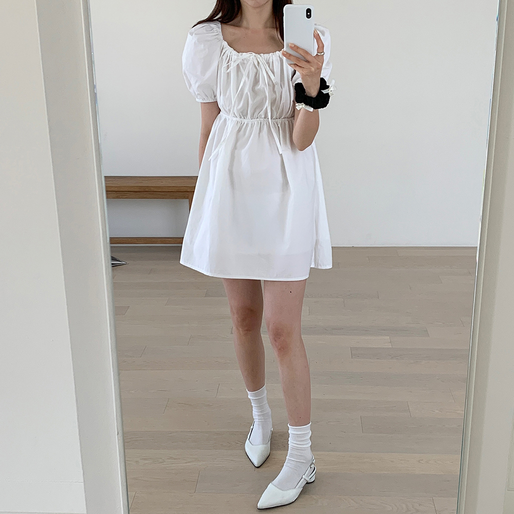 루즈핏 퍼프 셔링 키작녀원피스 오프숄더 스퀘어넥원피스 벌룬 여성 여름 미니 원피스 꾸안꾸 - 상세 이미지 4