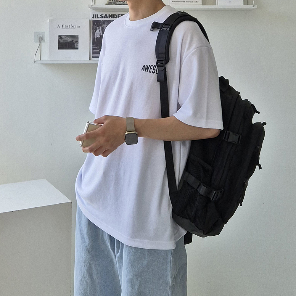 남자 반팔티 오버핏 어썸 레터링 커플 반팔 티셔츠 - 상세 이미지 5