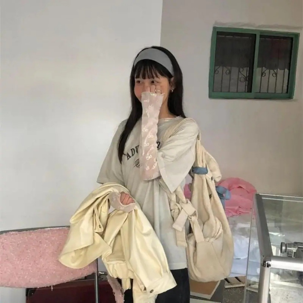 리본 시스루 망사 크롭탑 롱슬리브 페어리코어 티셔츠 화이트 블랙 - 상세 이미지 5