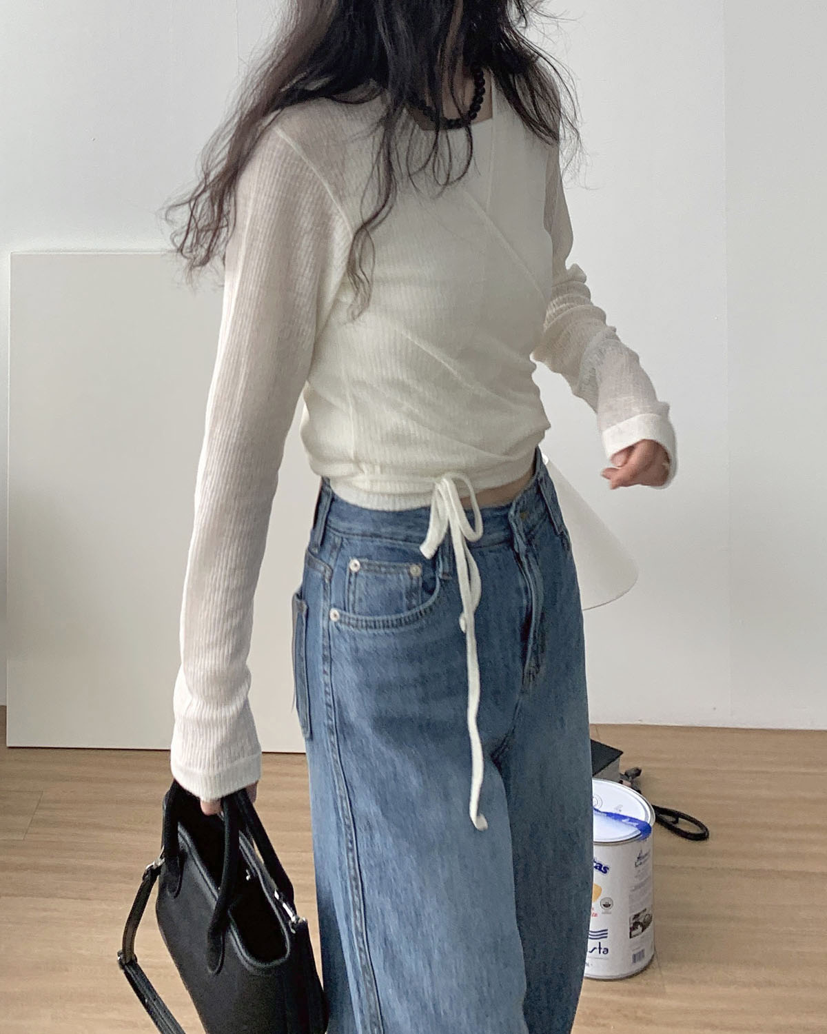 [L당일] 썸머 러프 데님 후들 하이웨스트 일자 와이드 여성 여름 얇은 청바지 (중청) - 상세 이미지 3