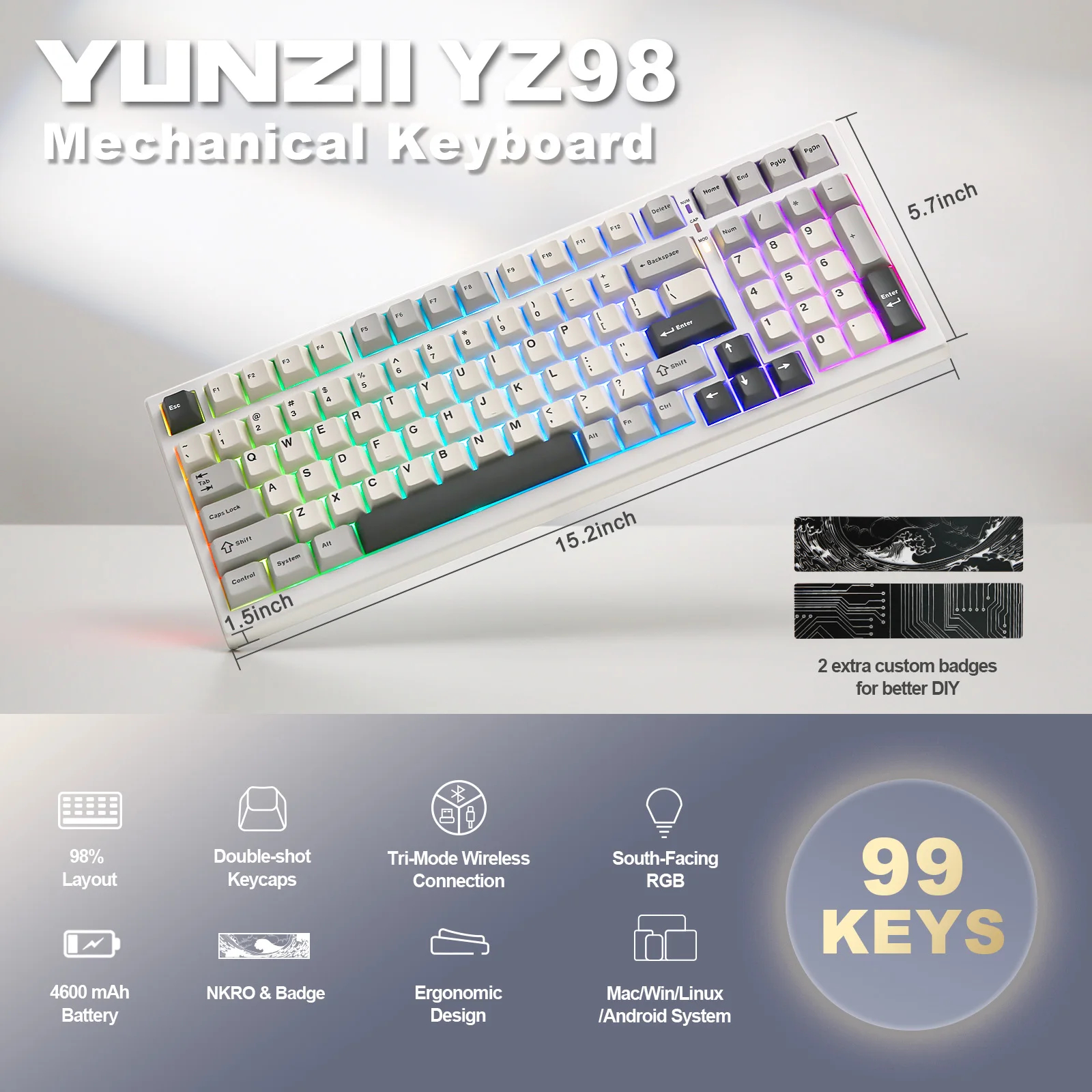 윤지 키보드 YUNZII YZ98 핫스왑 가스켓 99키 무선 유선 기계식 키보드 - 상세 이미지 3