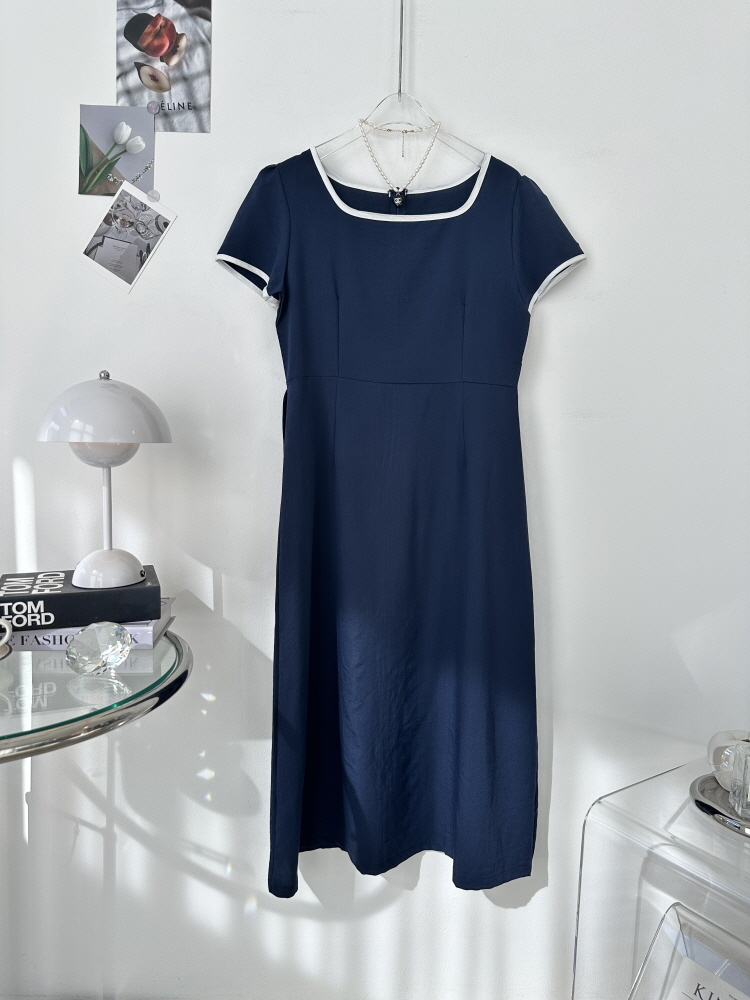 스판 린넨 스퀘어넥 랍빠 배색 스트링 롱 원피스 - 상세 이미지 3