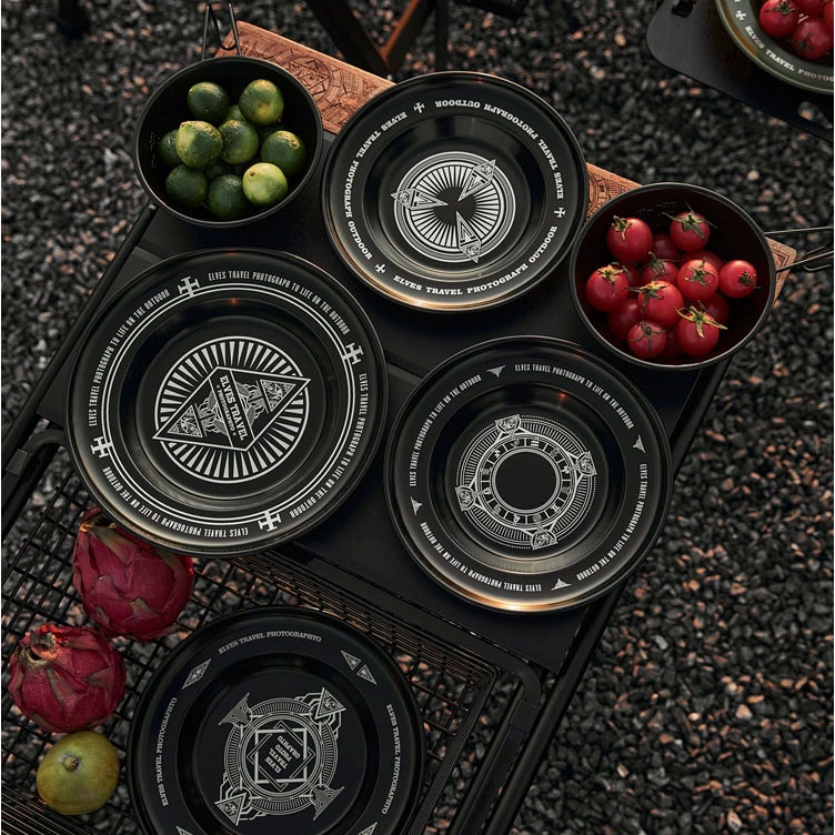 대륙의 테팔 캠핑 식기 기하학 디자인 스텐 블랙 접시 세트 ETP